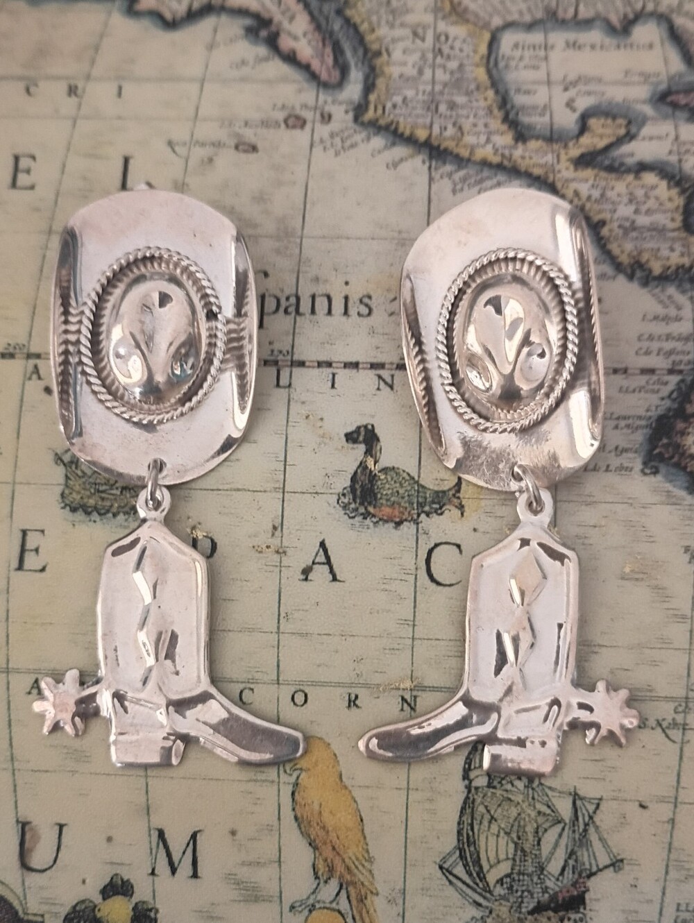 ❤️925 STERLING MEXICO 3" COWBOY HAT BOOTS DANGLE EARRINGS URBAN COWBOY FILMING